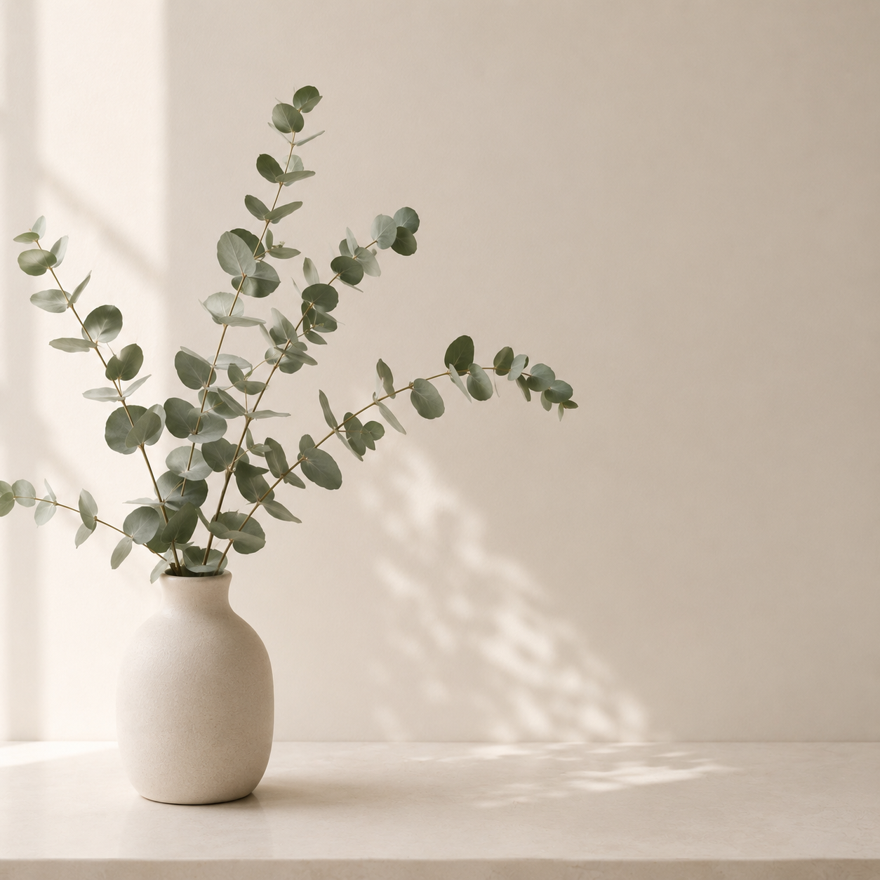 vase with eucalyptus on table in soft light