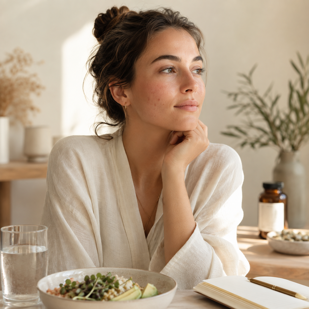 Woman sitting with her healthy breakfast thinking about her skin