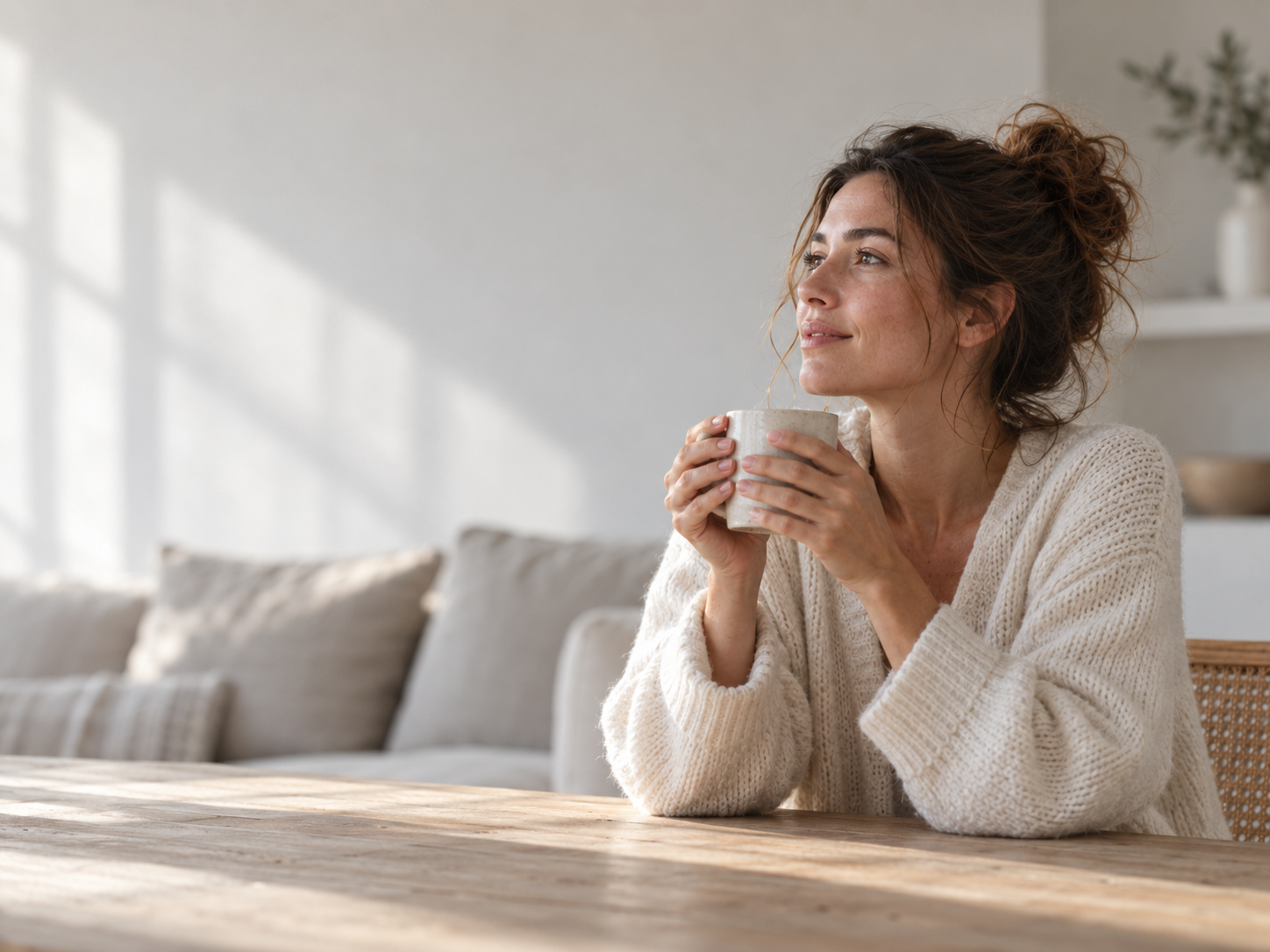 Woman sitting at a table holding a mug in a softly lit neutral home interior.