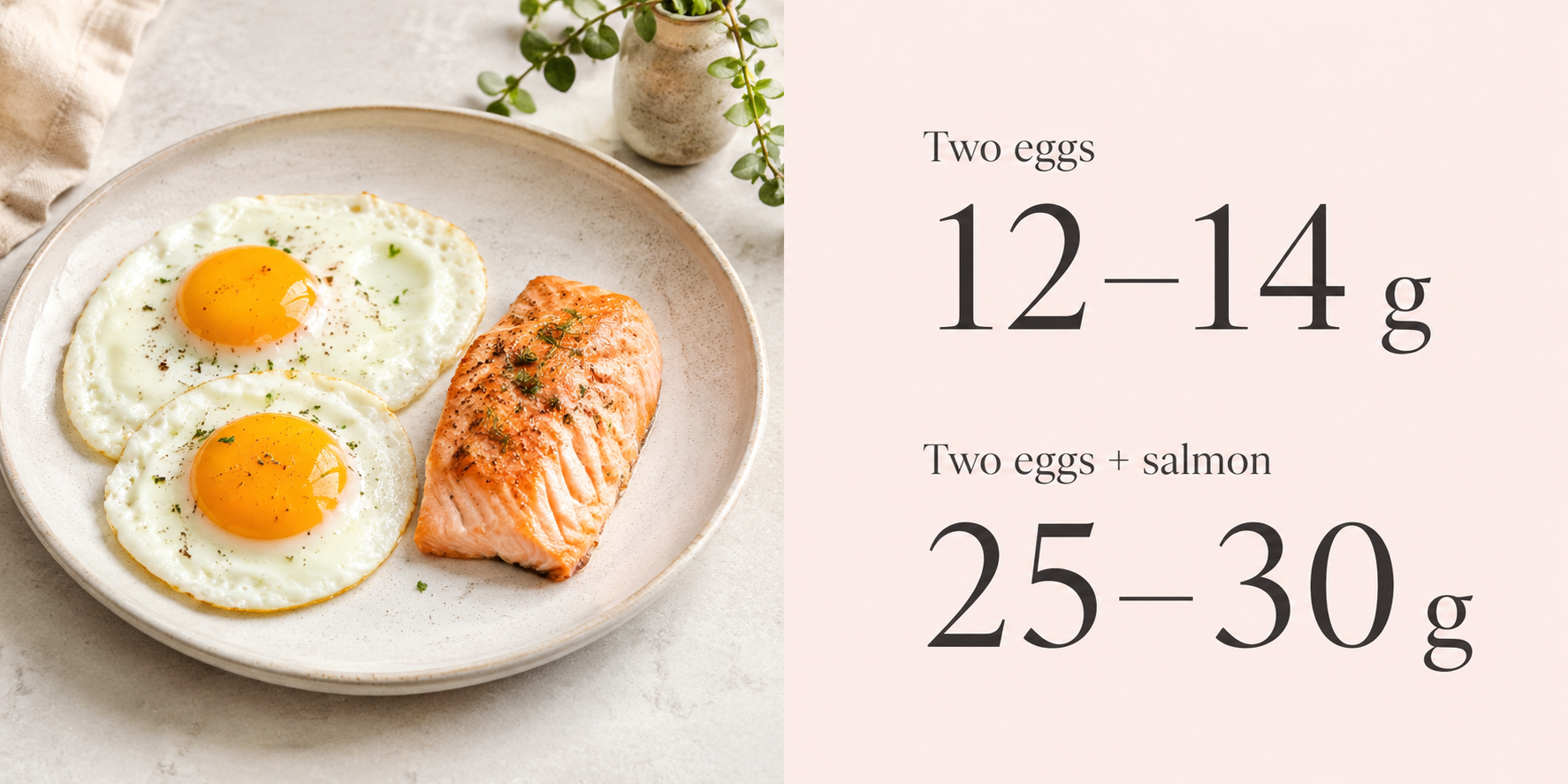 Two eggs and a small serving of salmon beside their approximate protein amounts.