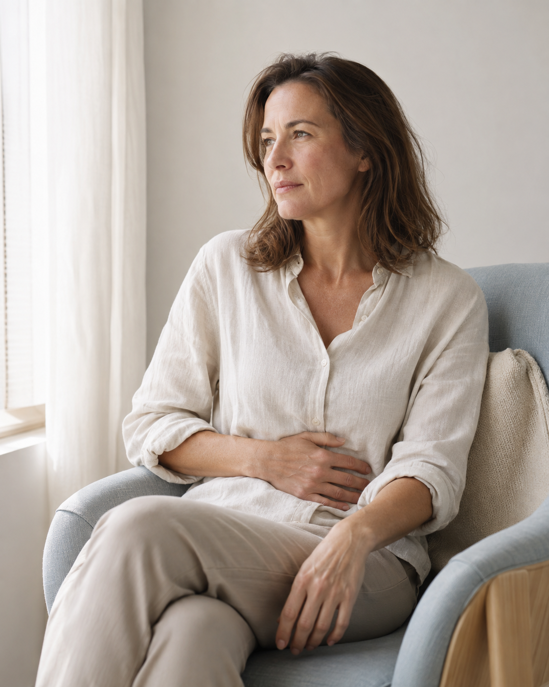 Woman sitting uncomfortably from constipation