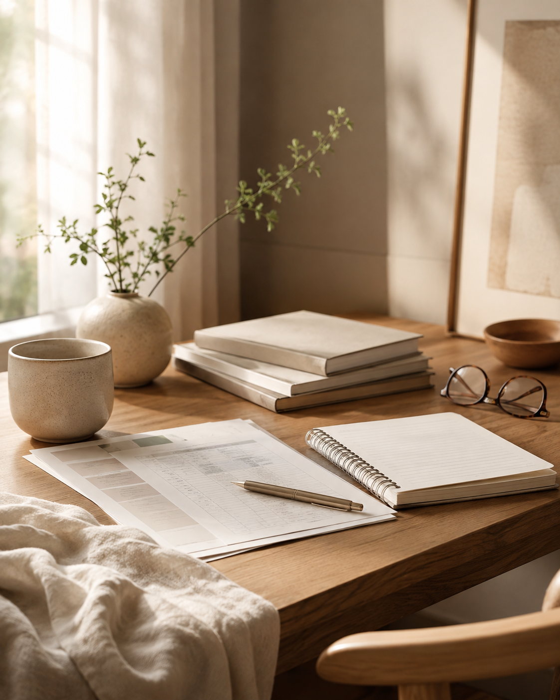 Test papers on desk next to coffee cup