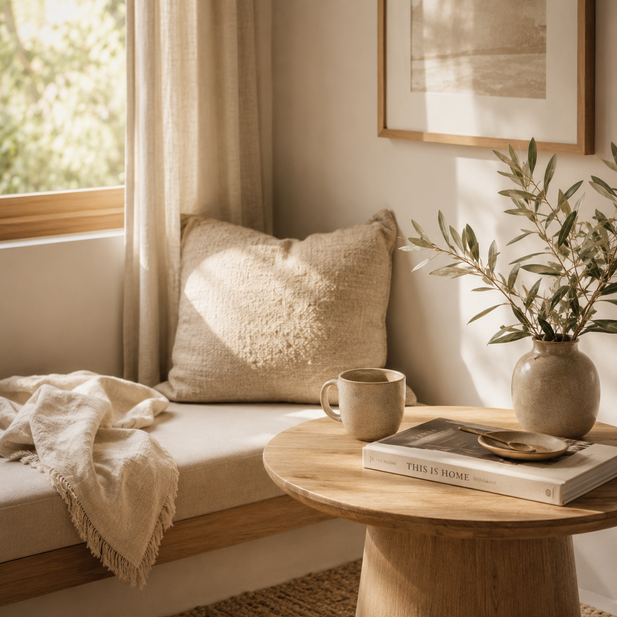 cushion by window with coffee table and vase