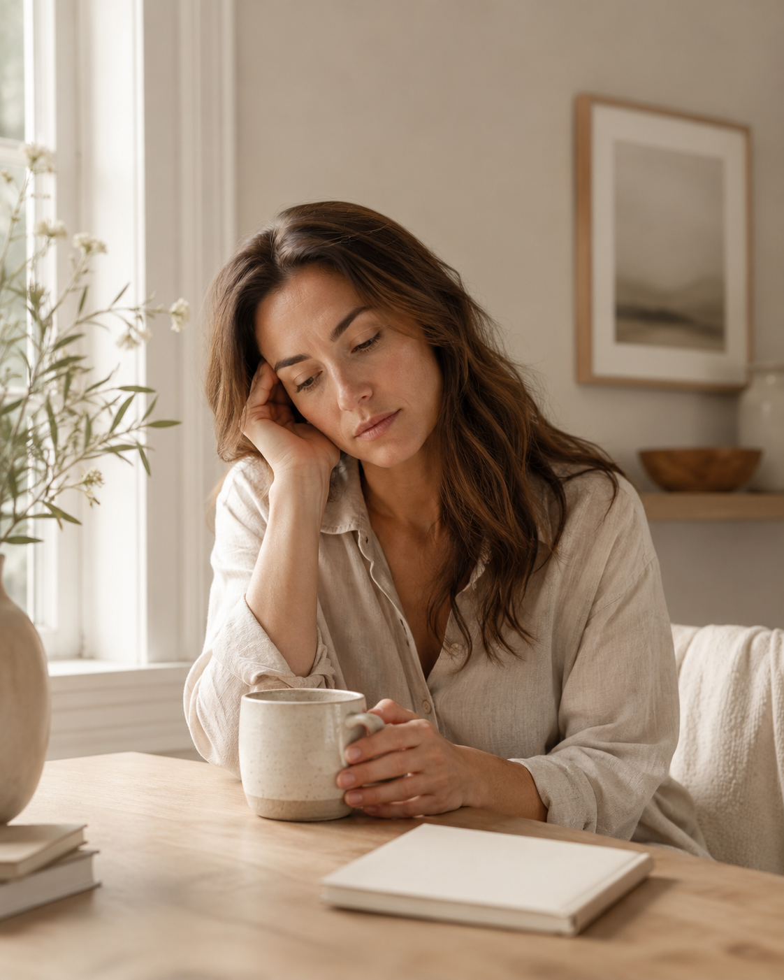 Tired woman with coffee and head resting on hand