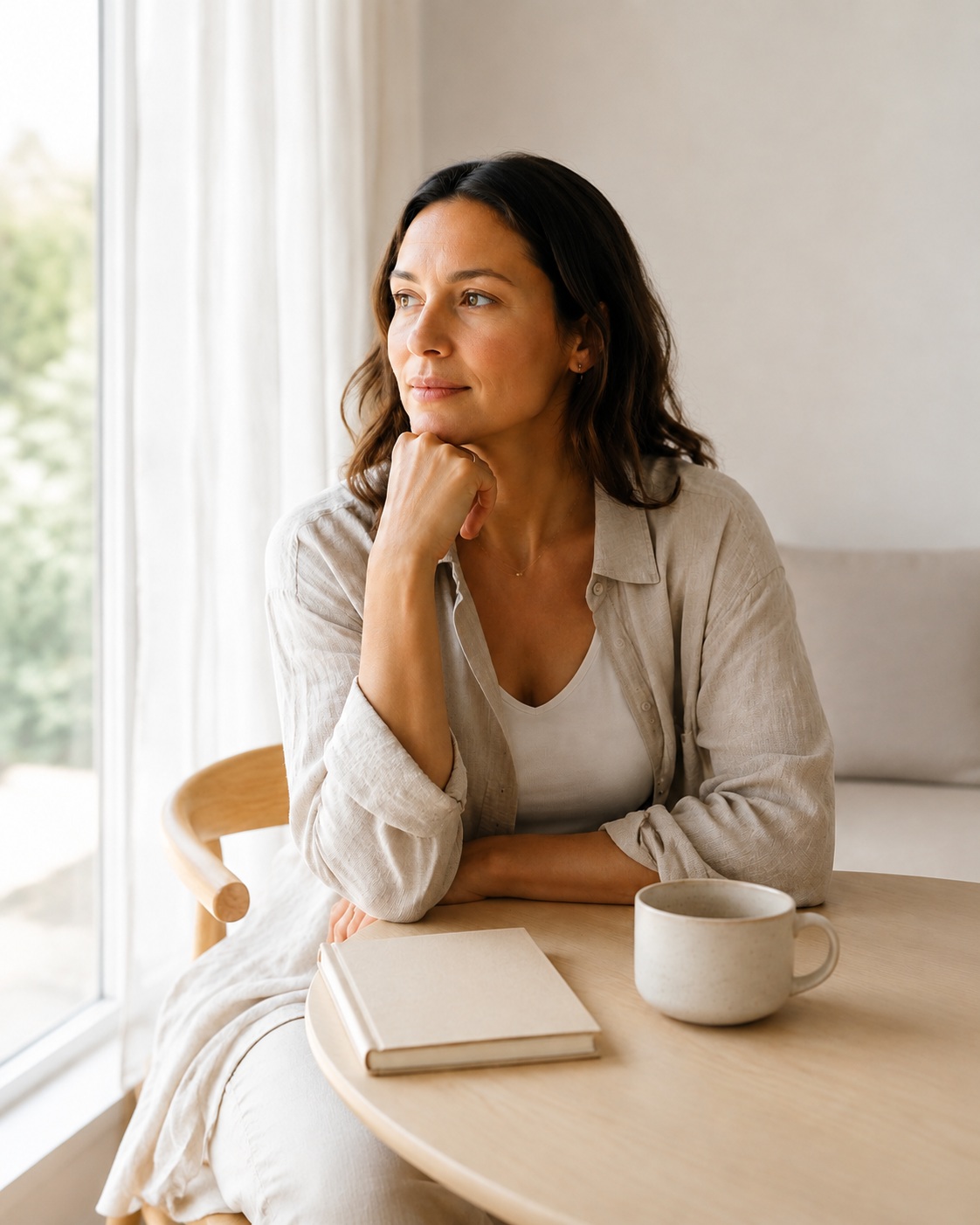 Woman sitting by window considering her fertility