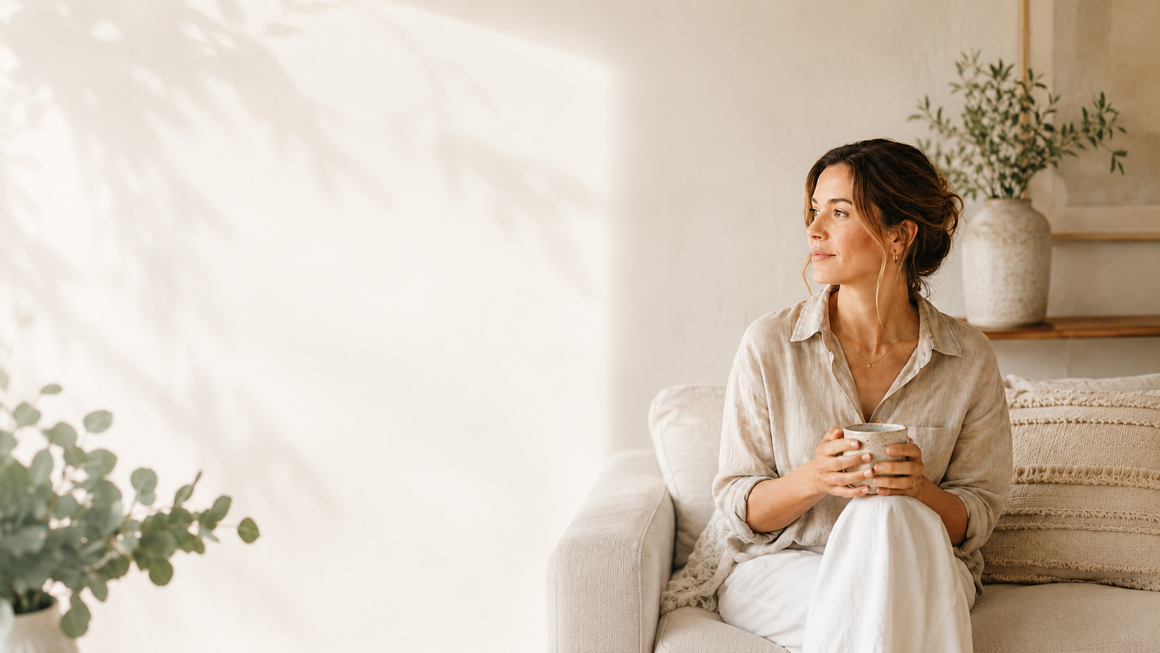Woman on couch holding coffee cup looking out window