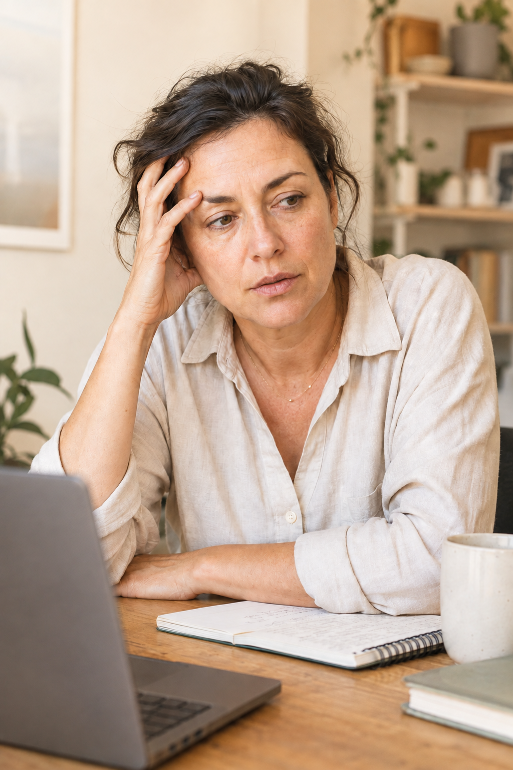 Woman experiencing stress-responsive digestive symptoms while working