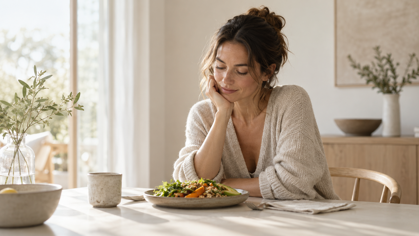 Women thinking at table with healthy meal