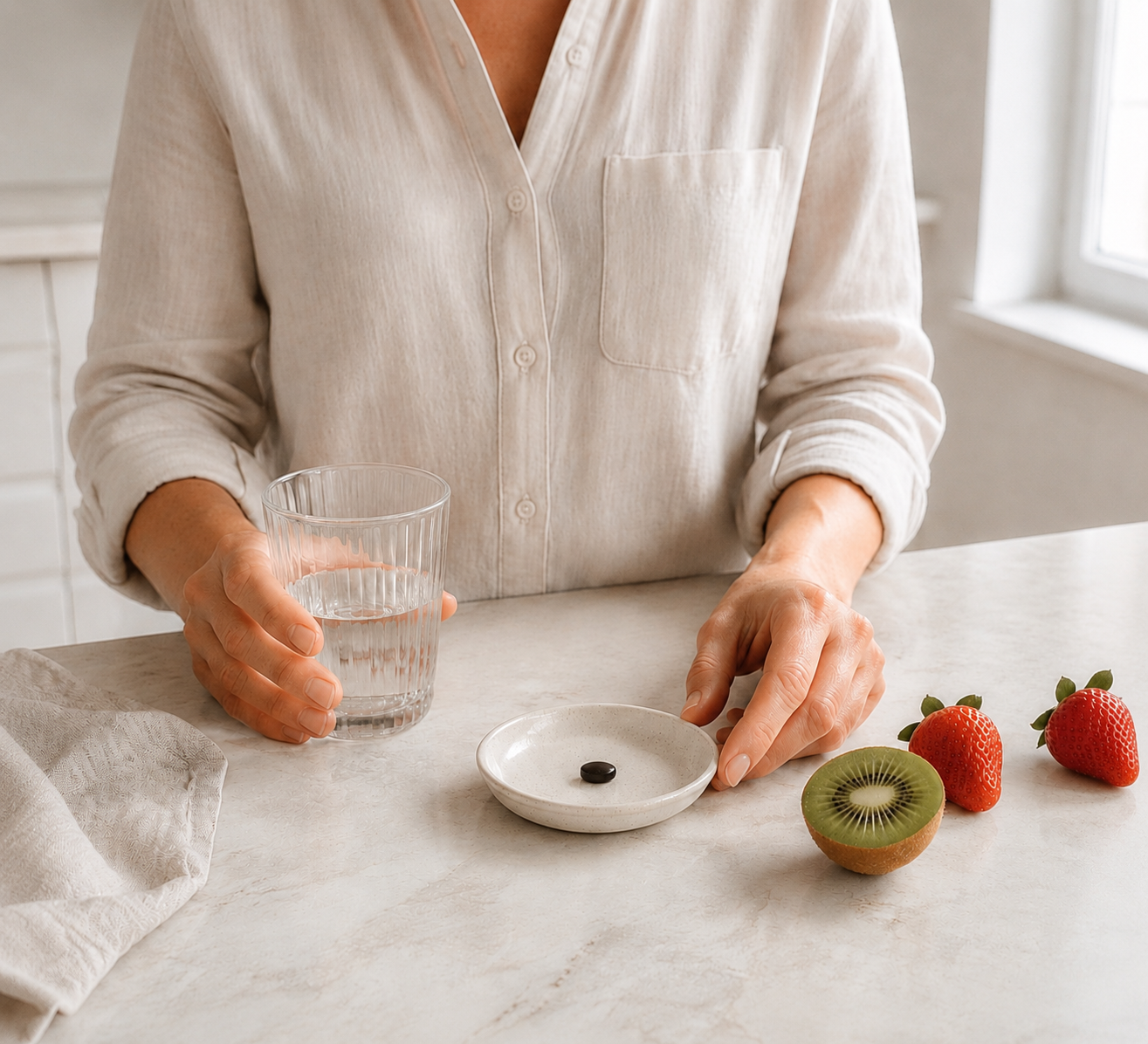 Woman taking iron supplements with kiwi fruit and strawberries