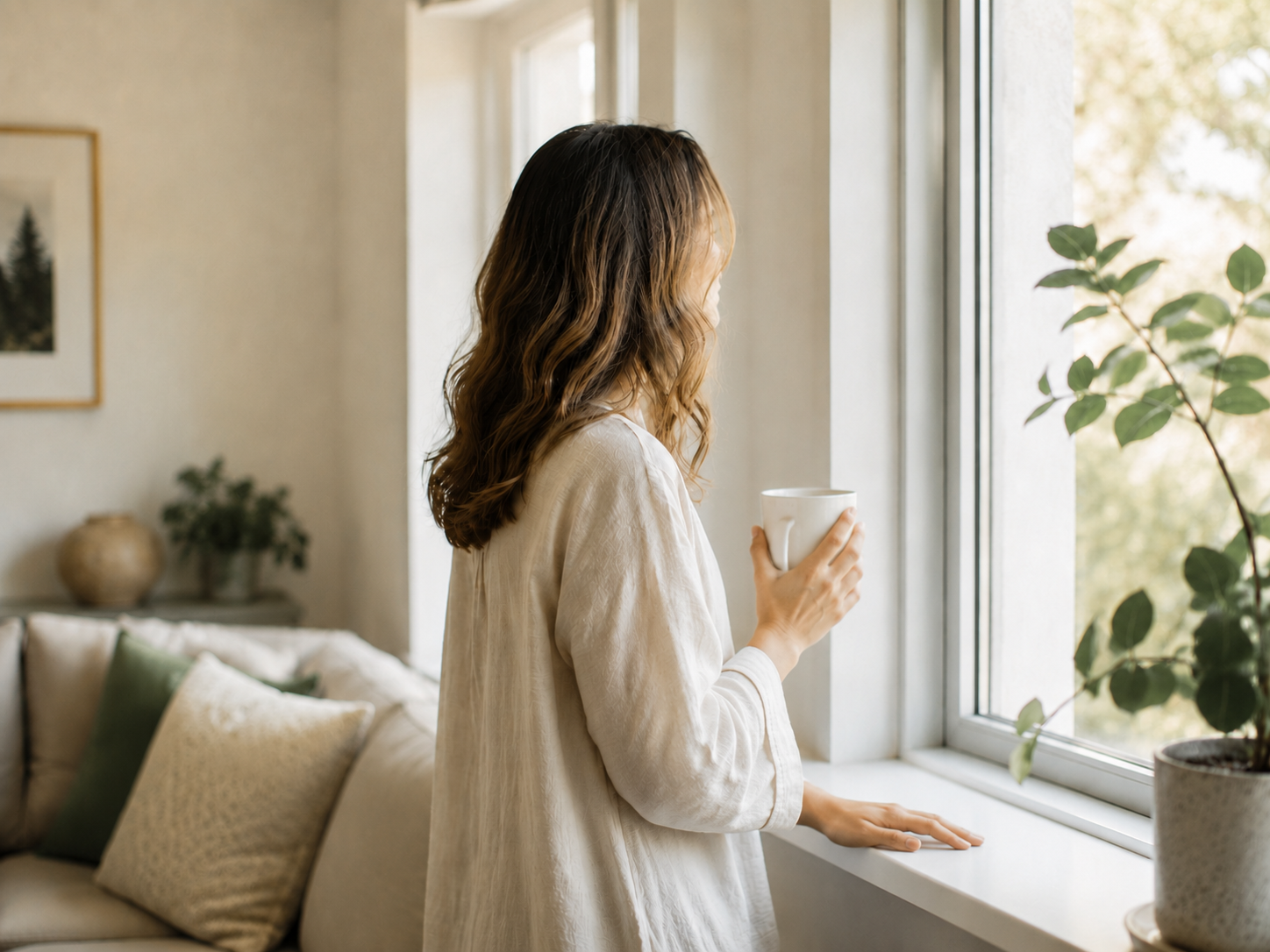 Woman at window thinking about her digestion and stress