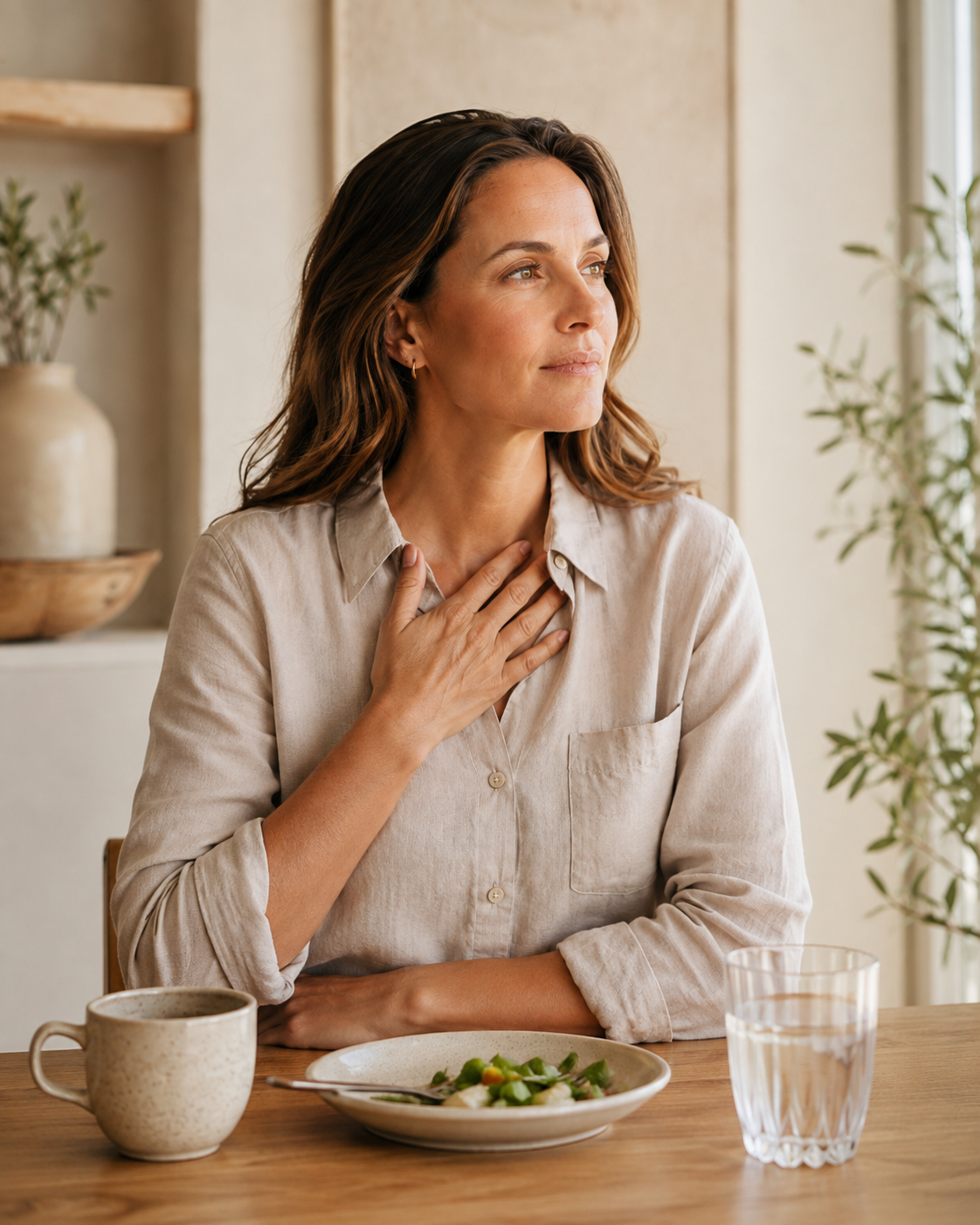 Woman with hand on chest sitting at table after burping