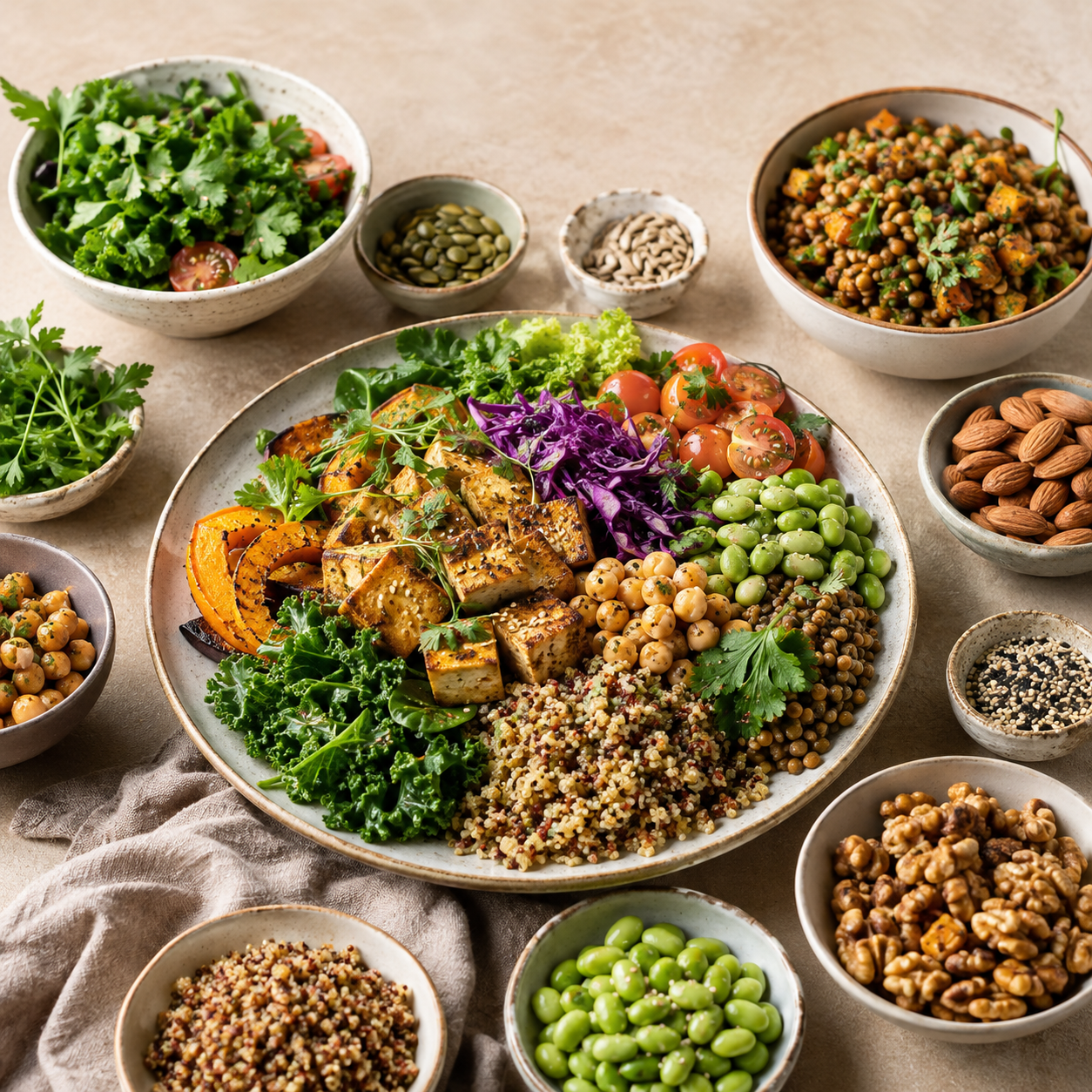 Colourful plant-based meal with tofu, legumes, whole grains, nuts and seeds.
