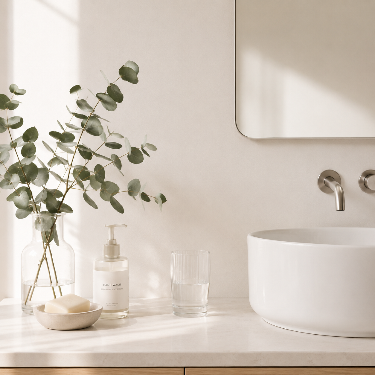 Bench with eucalyptus leaves in a vase with glass of water