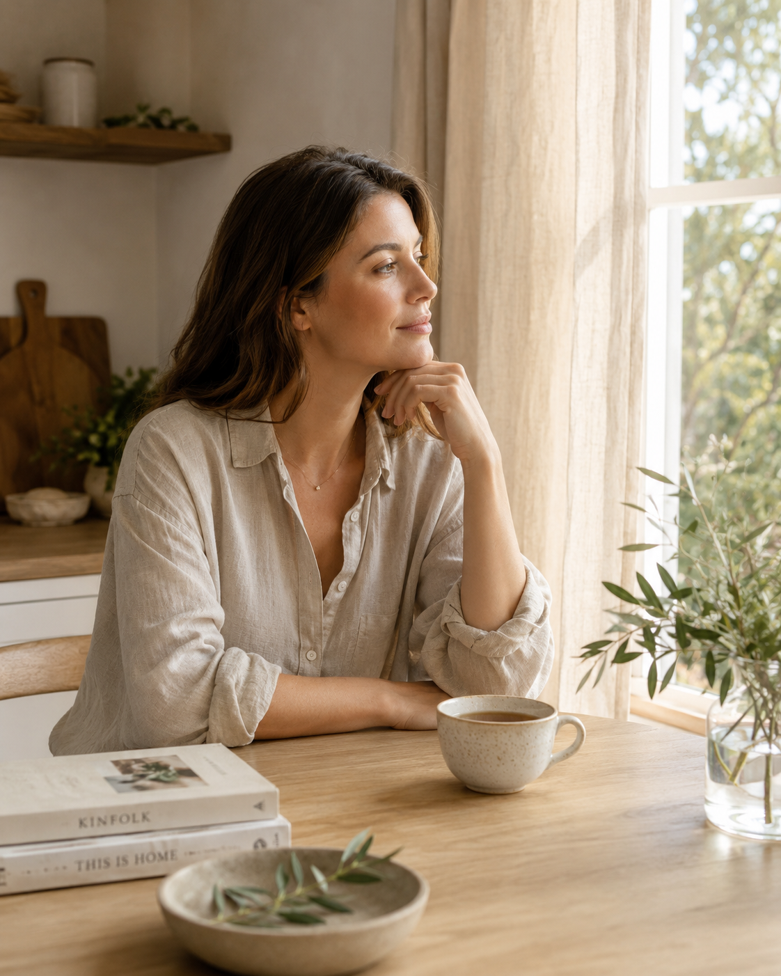 Woman looking out window pensively
