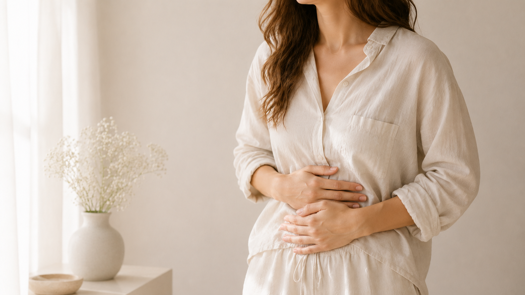 Woman holding her stomach with digestive discomfort
