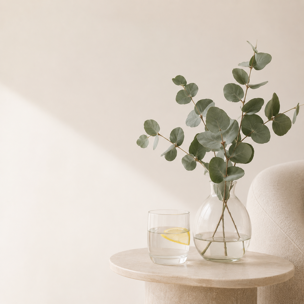 Eucalyptus stems in vase next to glass of lemon water