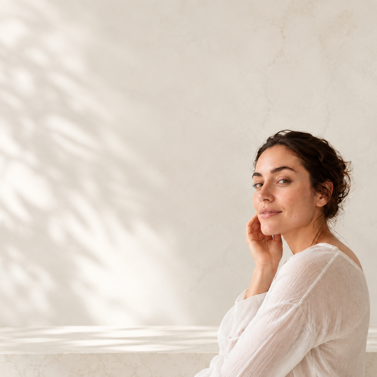 Woman following her skincare routine in soft natural light
