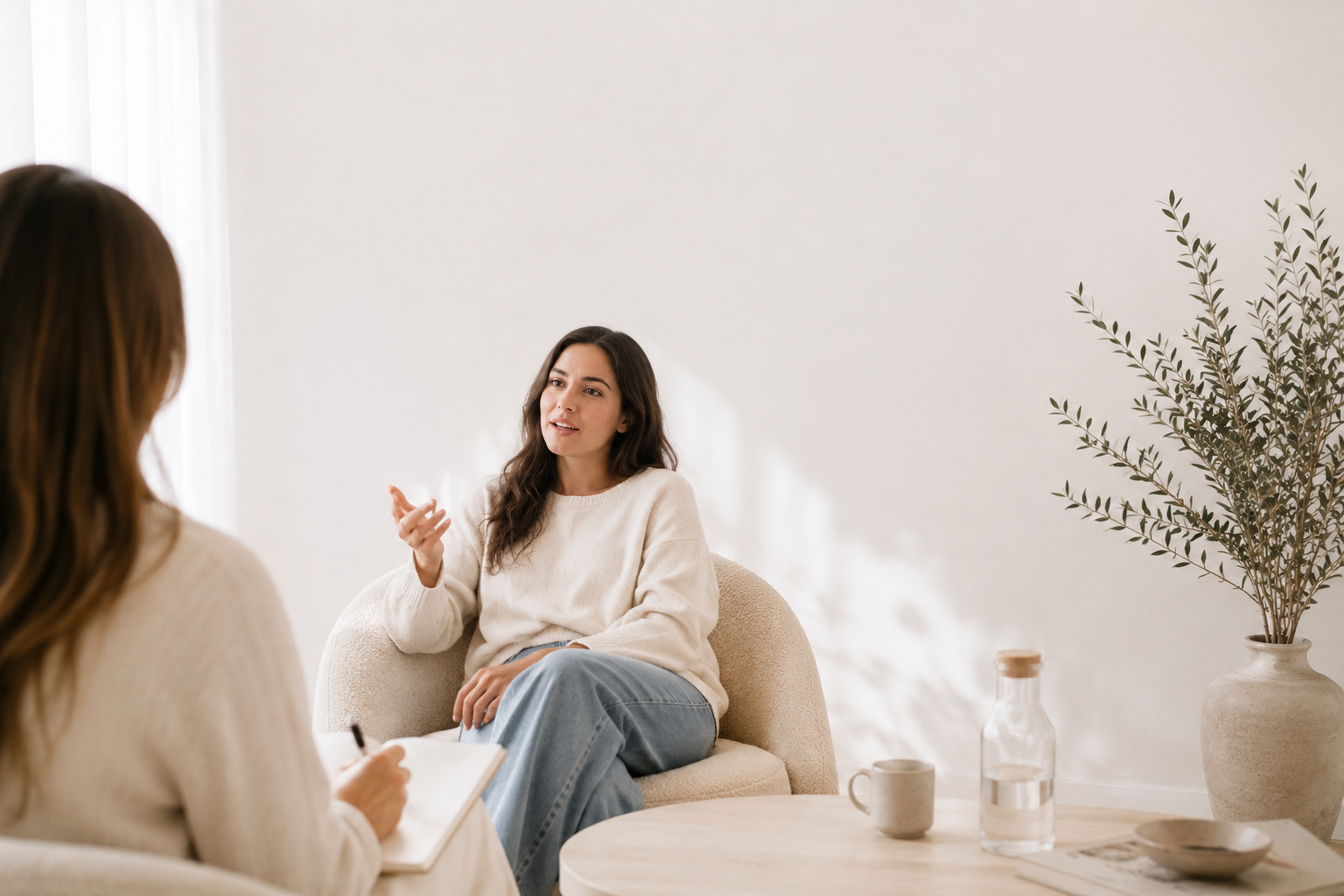 woman sitting in consultation chair talking