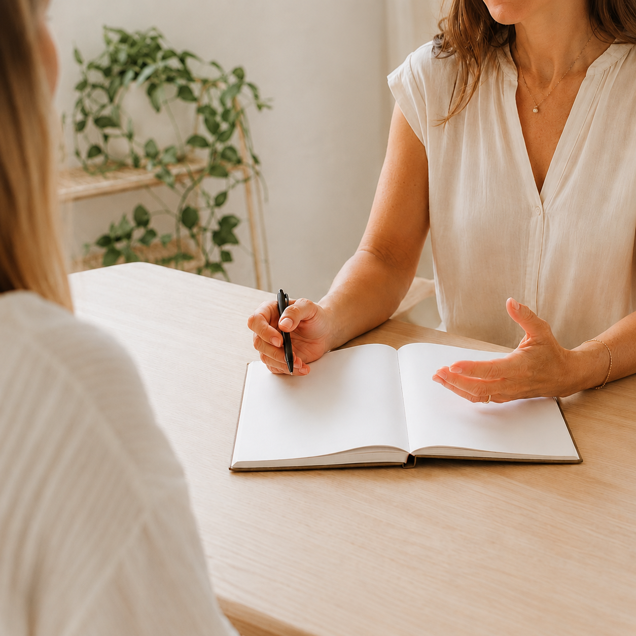 Warm consultation over an open notebook