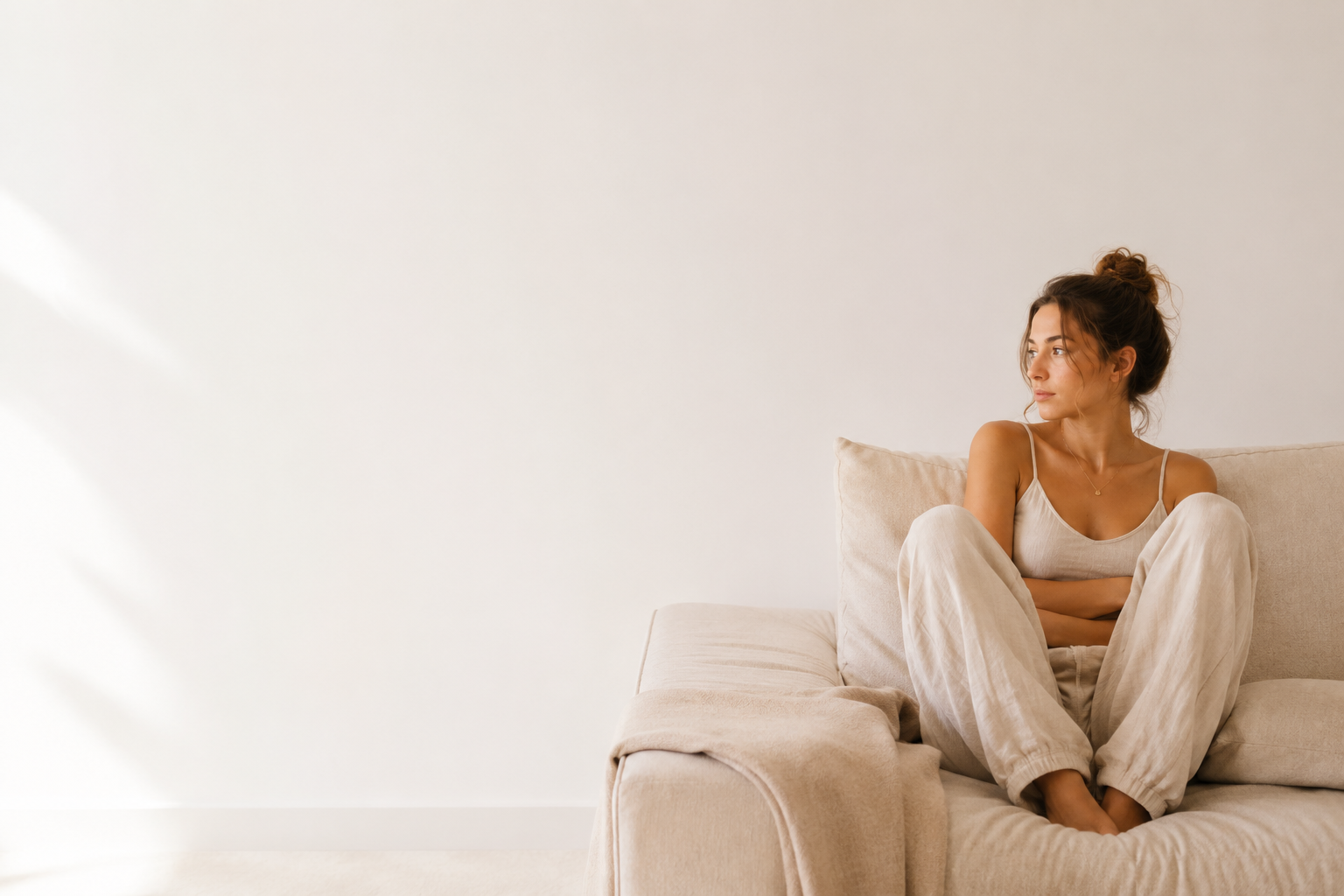 Women sitting on couch with crossed arms over her abdomen