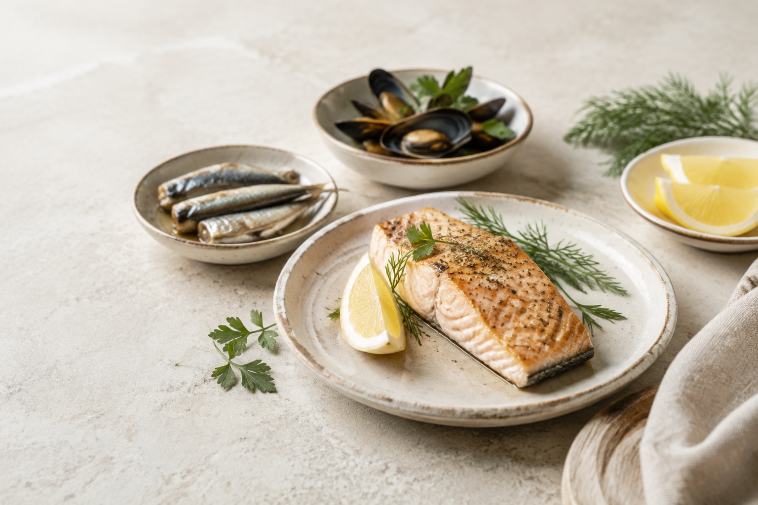 Salmon, sardines and mussels served with lemon and fresh herbs.