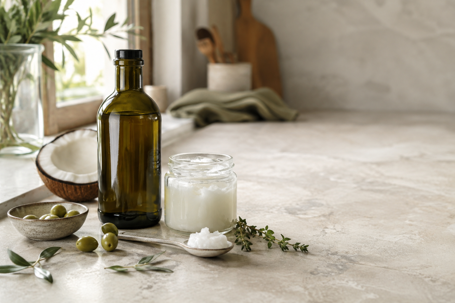 Extra-virgin olive oil and coconut oil on a natural kitchen bench.
