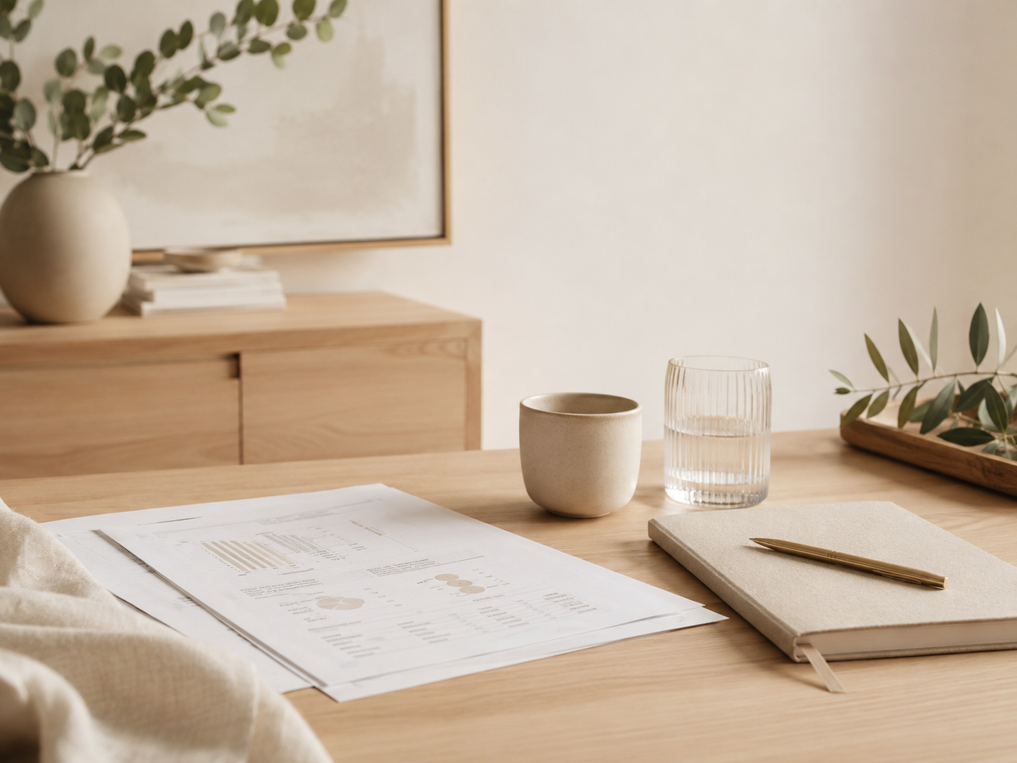 Test papers on wooden desk with glass of water