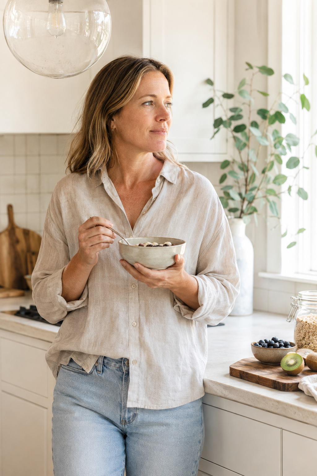 Woman eating breakfast by window