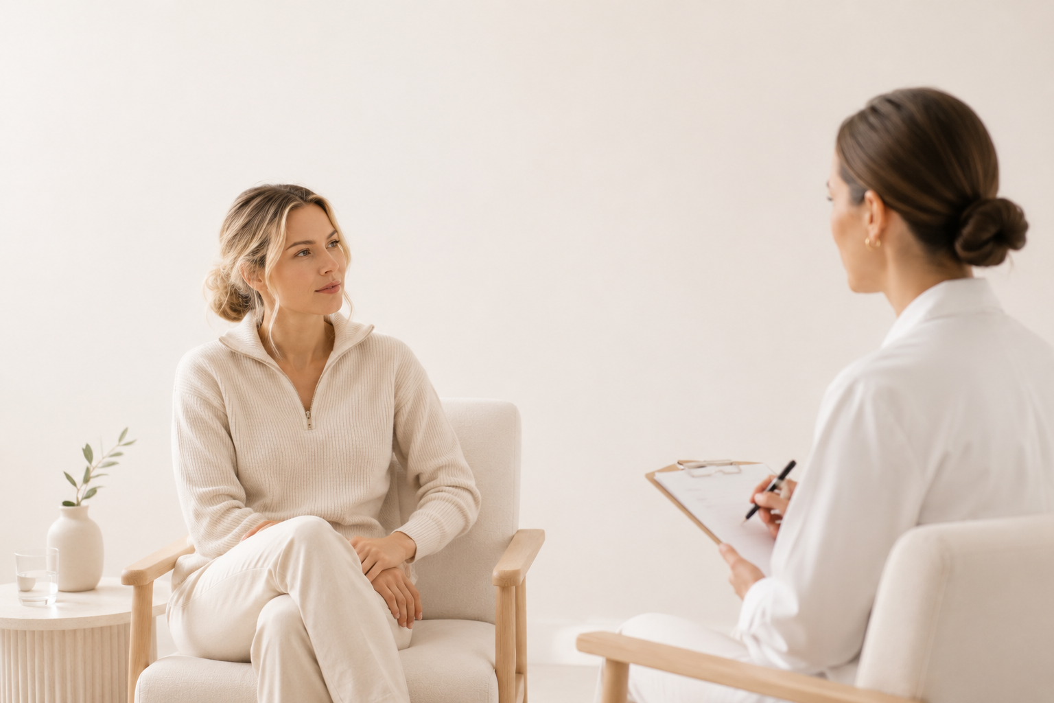 woman sitting listening to a practitioner in beige chair