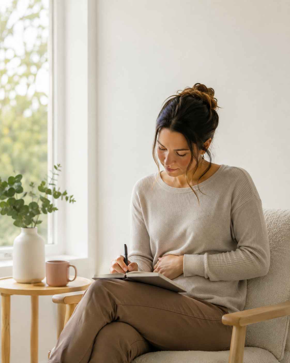 Woman thoughtfully tracking her cycle in a notebook