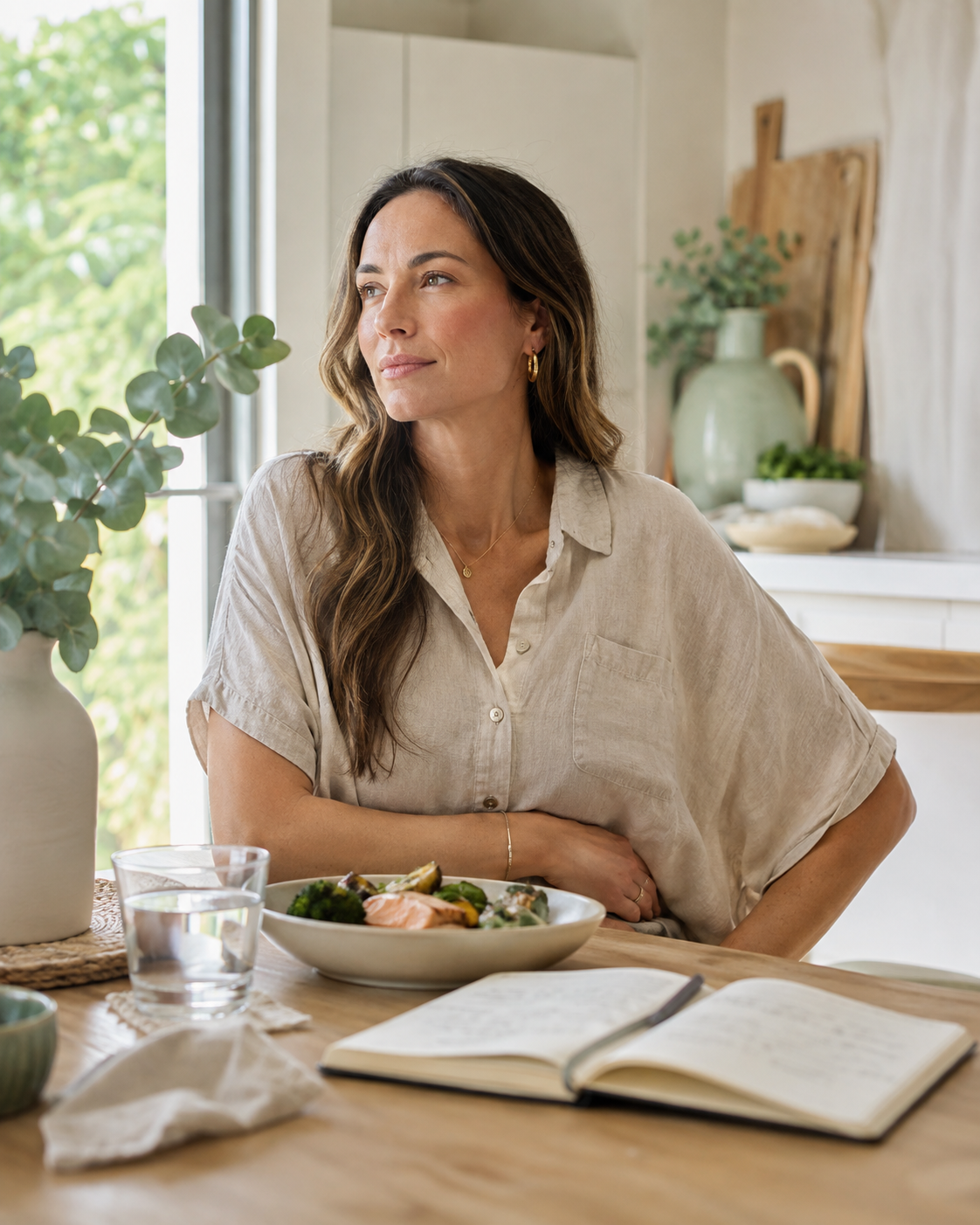 Woman at table thinking about how confusing differentiating digestive issues can be