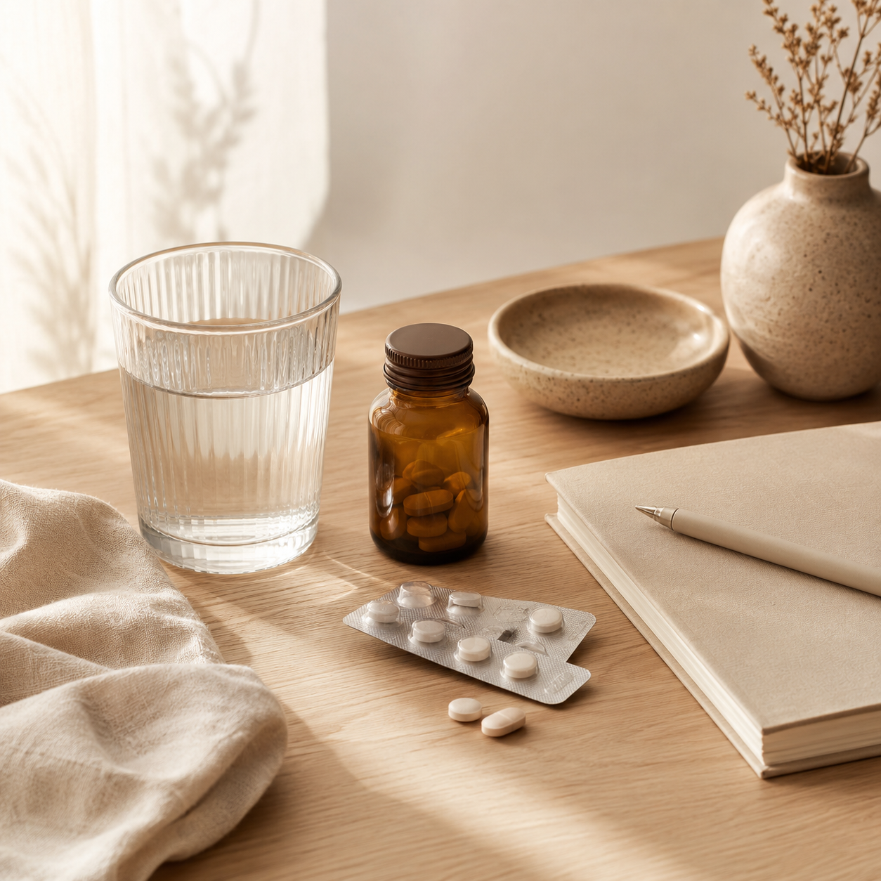 Medication on wooden desk next to glass of water in soft light