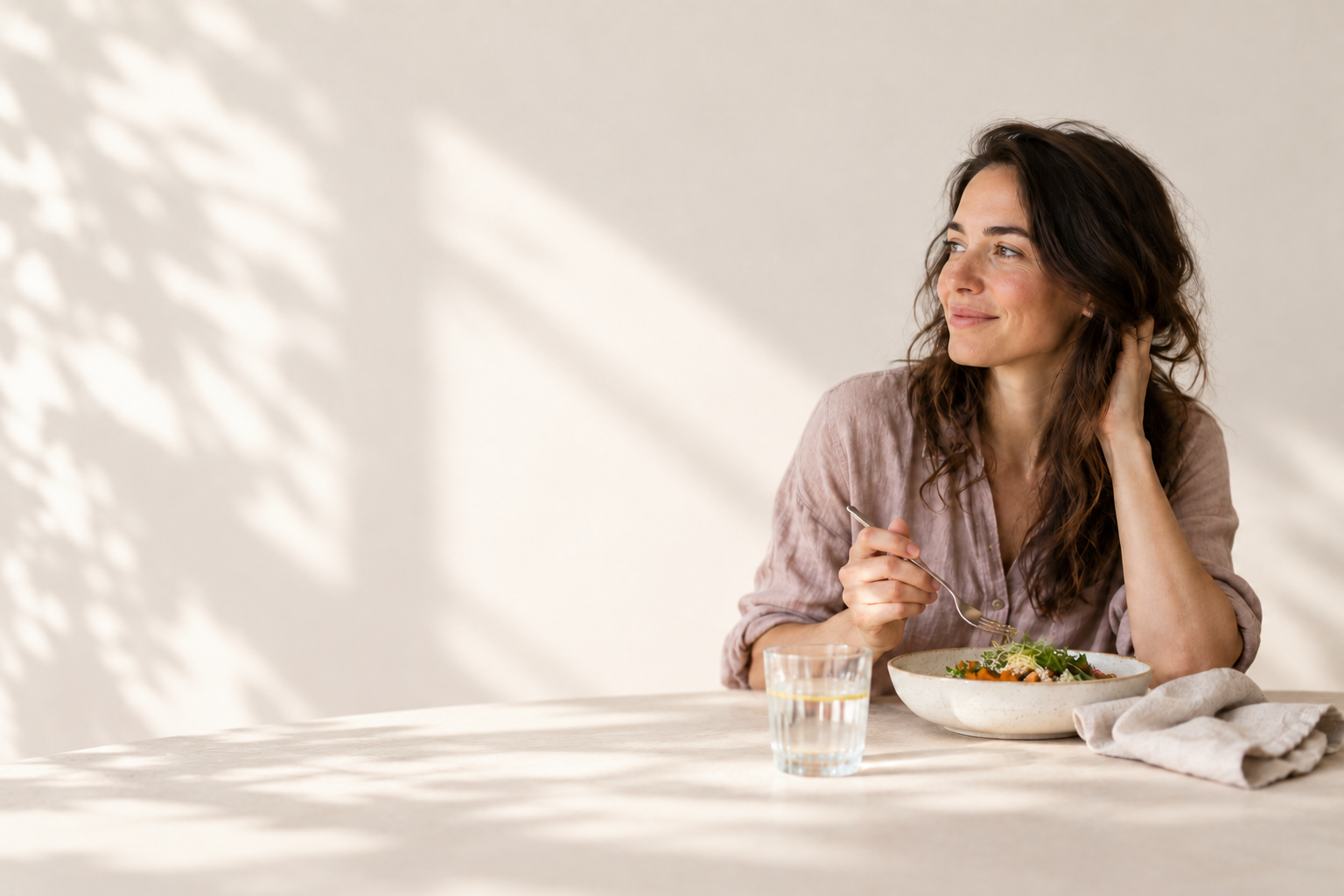 Woman seated at a sunlit table with a meal and glass of water.
