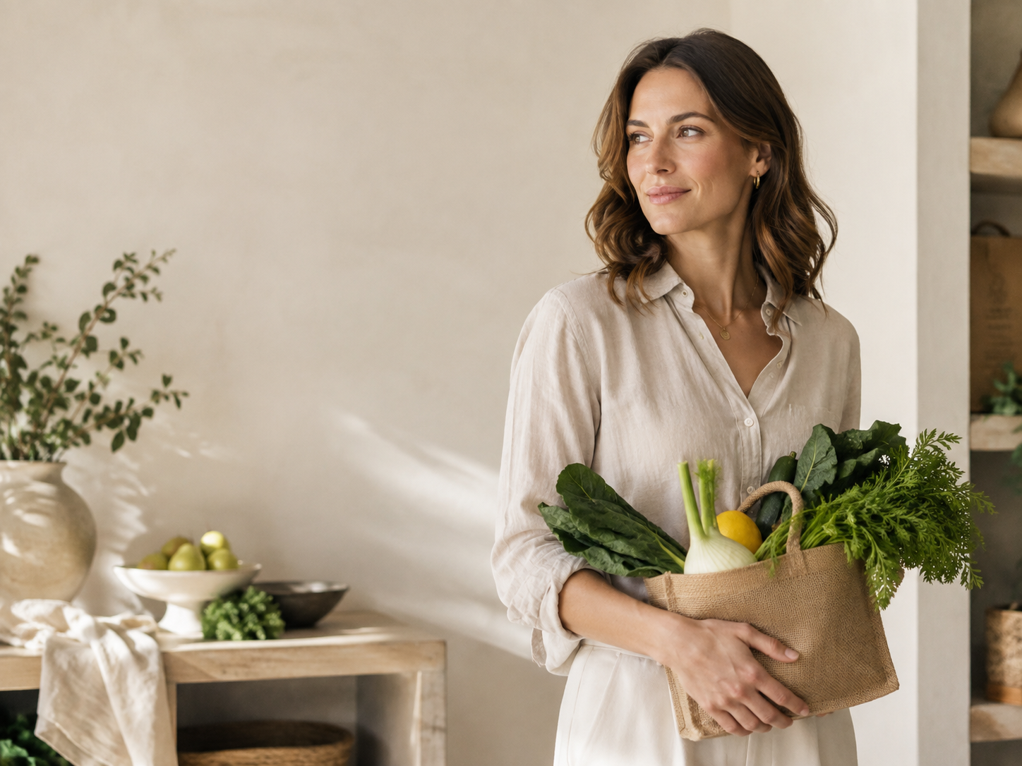 Woman holding a bag of groceries
