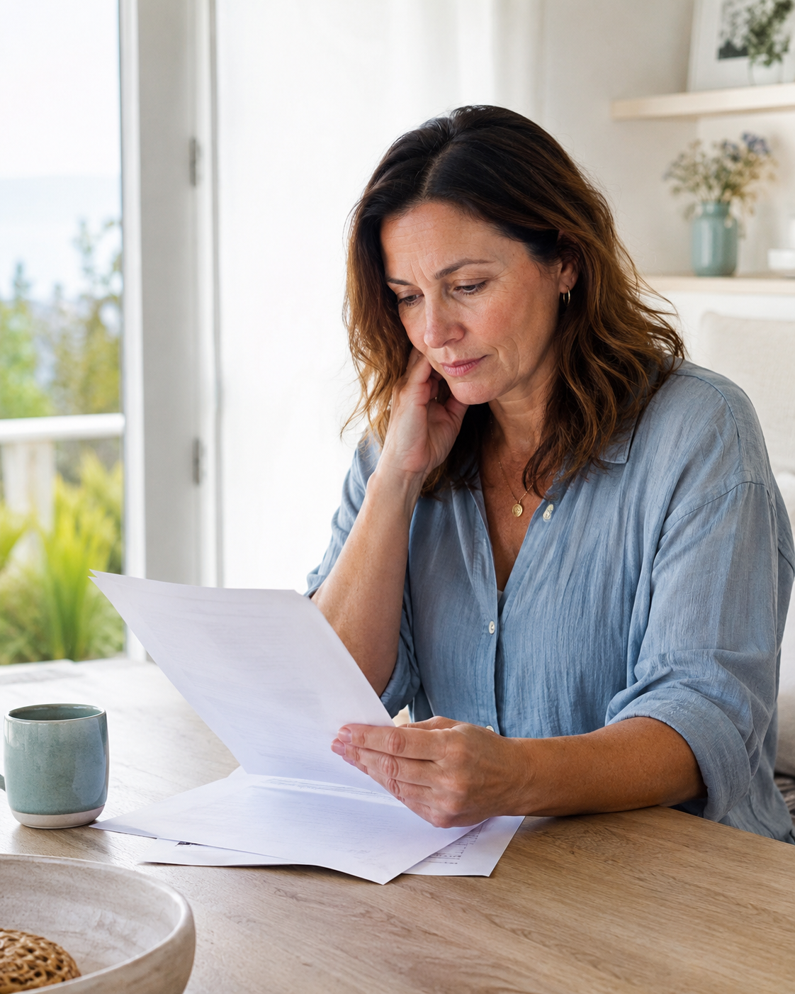 Woman looking at test papers