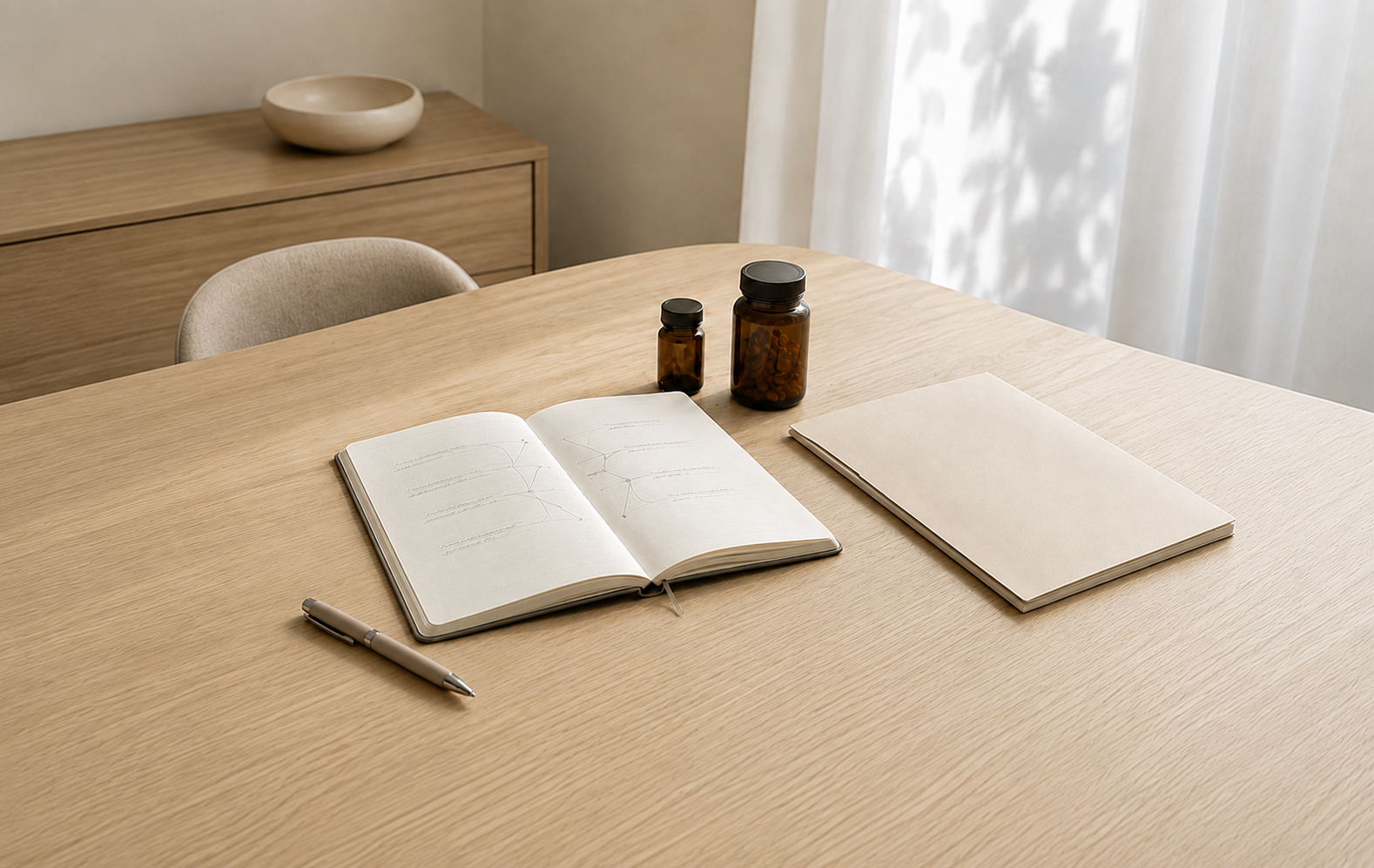 open notebook next to supplements on table