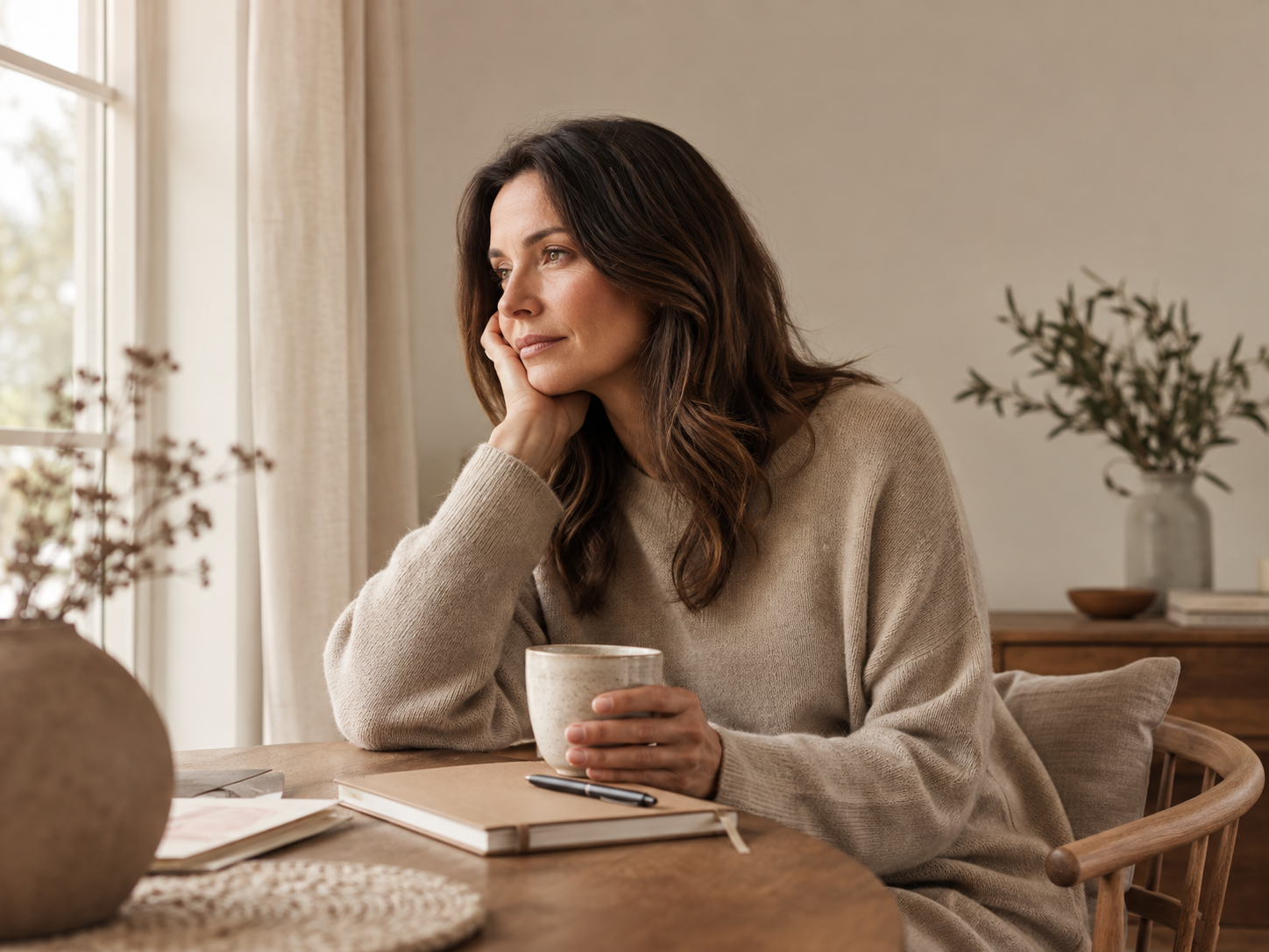 Woman holding coffee cup by window