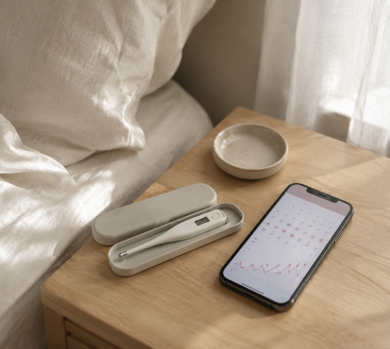 Basal thermometer and cycle-tracking app beside a bed.