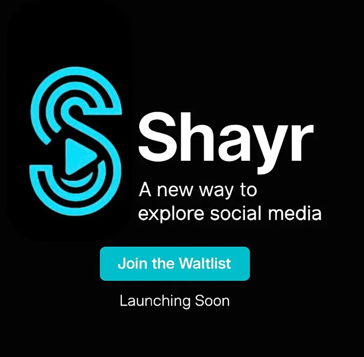Logo for Shayr, a new social media platform, with a black background, stylized blue 'S' logo, white text reading 'Shayr,' and a blue button labeled 'Join the Waitlist.'