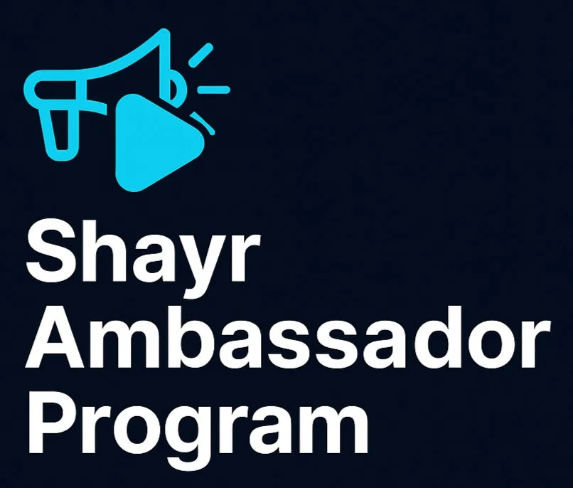 Graphic with a megaphone and play button icon, and text that reads 'Shayr Ambassador Program'