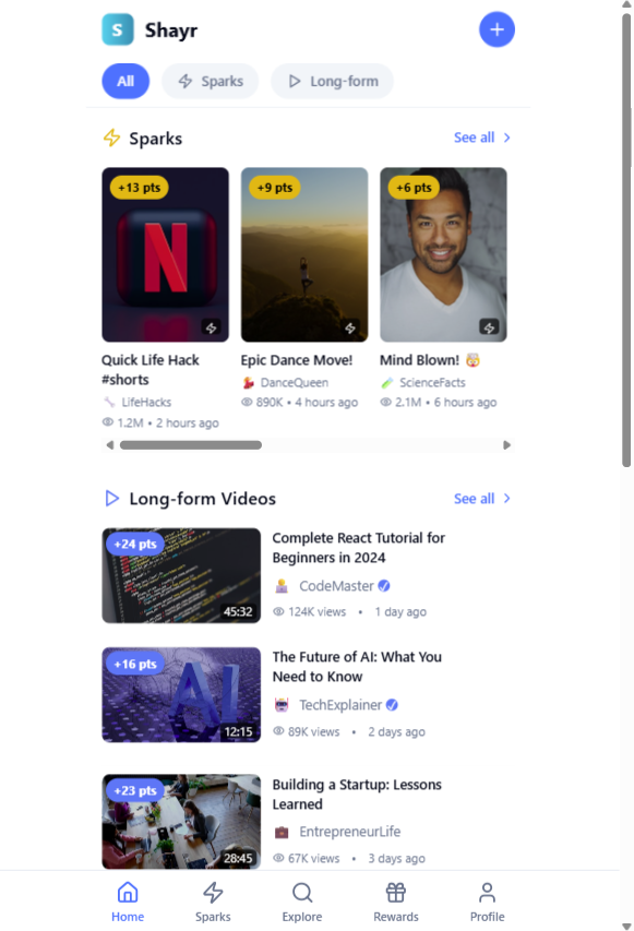 Screenshot of a mobile application showing a user's content feed with sections for Shorts, Long-form Videos, and recommended videos, including titles, creators, view counts, and upload times.