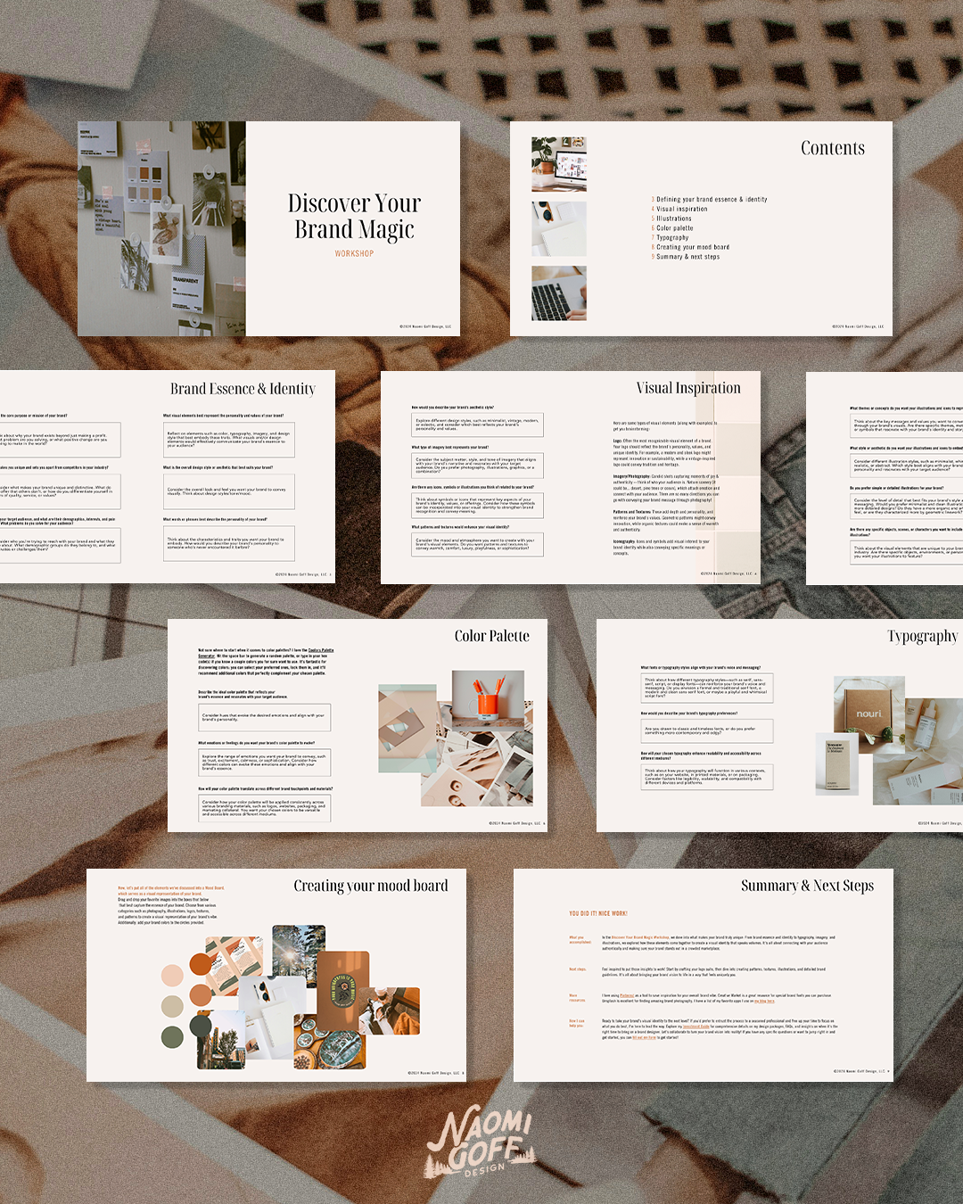 Naomi Goff Design branding workshop presentation — slides covering brand magic, color palette, mood board, and typography