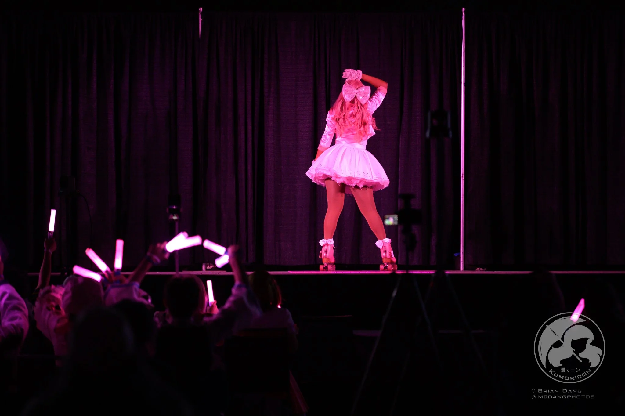 A performer dressed in pink, wearing a tutu and roller skates, on a stage with black curtains, posing with one arm raised above her head. Audience members in the foreground hold pink glow sticks.