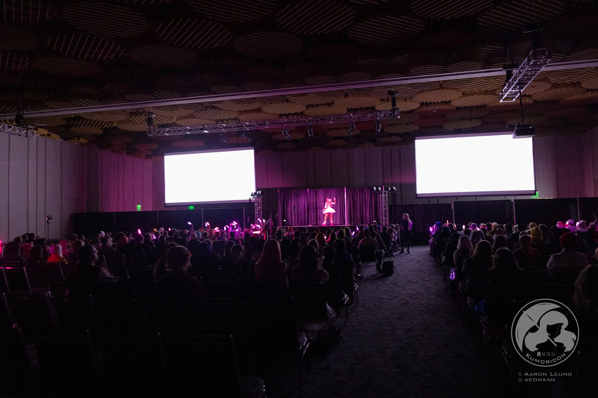 Audience seated in a large dark auditorium watching a performer on stage with two large screens behind. The performer is illuminated with pink lights, and two large screens display blank white space.
