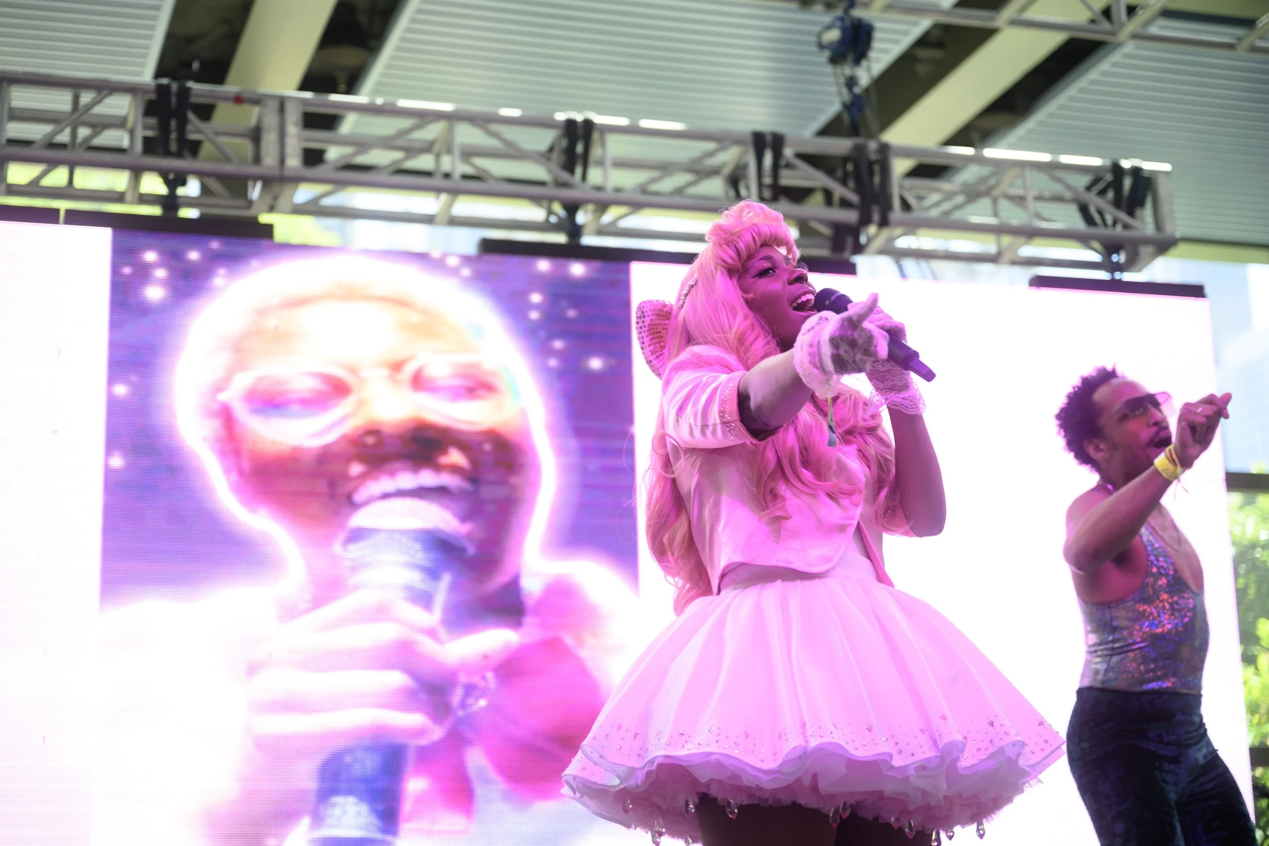 Performer with long pink hair in a pink dress singing into a microphone on a stage with a large digital screen showing her image.
