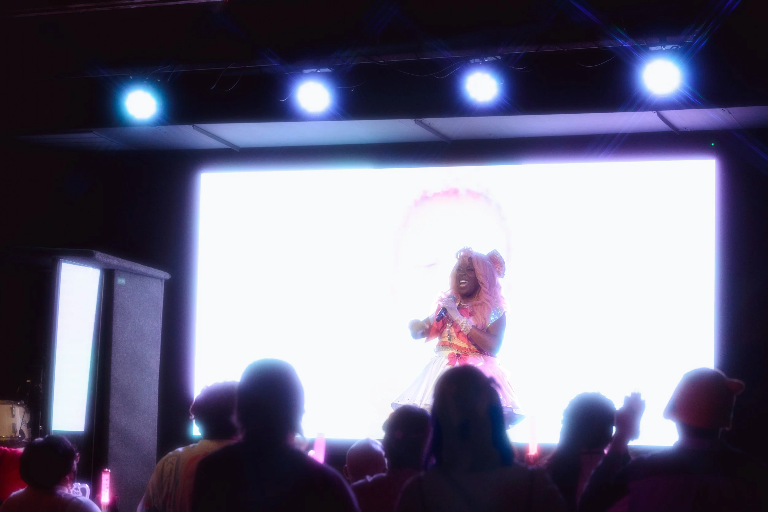 Performer on stage with pink wig and costume singing into microphone, audience silhouette watching, bright white screen behind