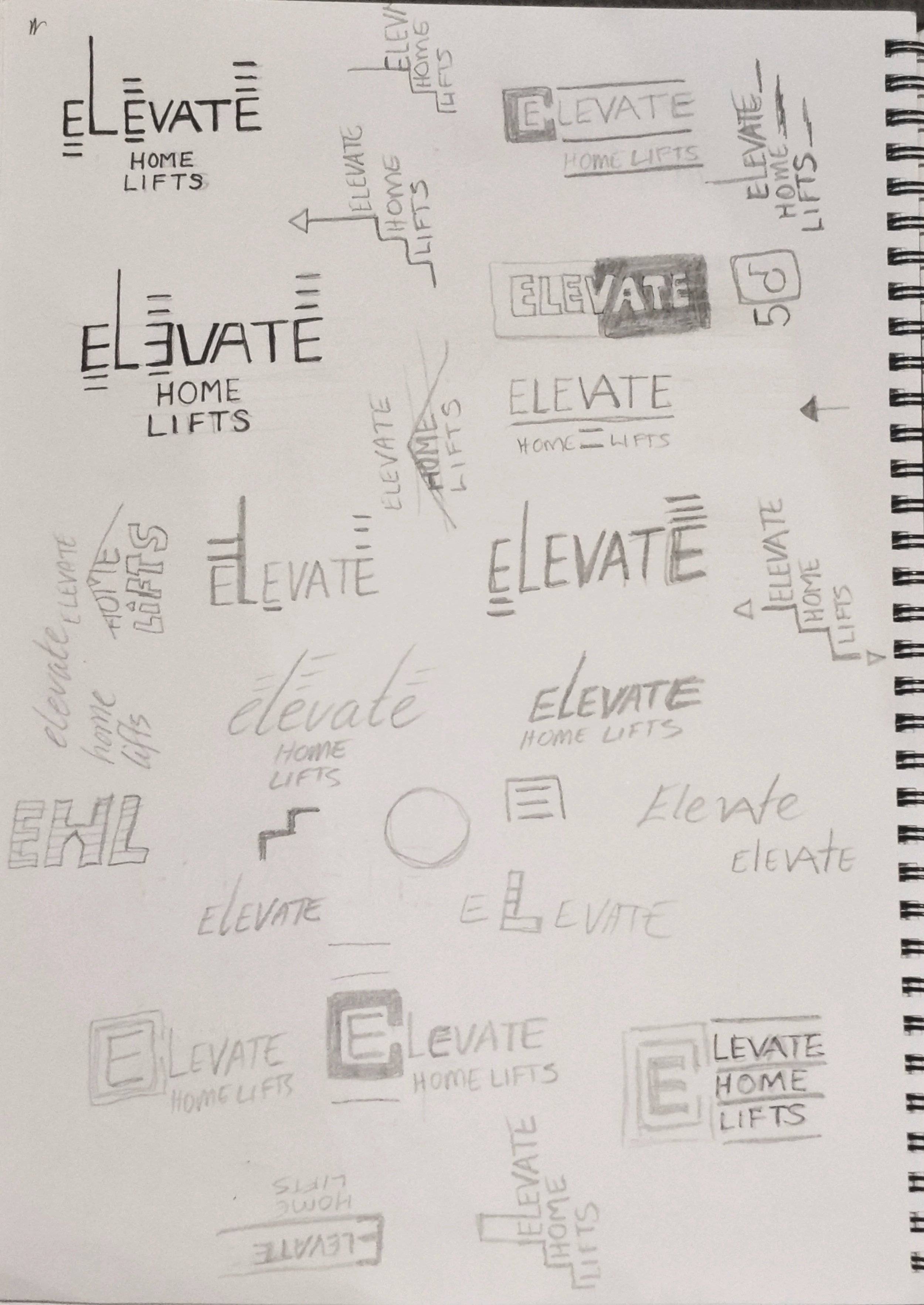 Elevate Home Lifts Melbourne logo design process, featuring early geometric concepts inspired by architecture and residential elevator systems.