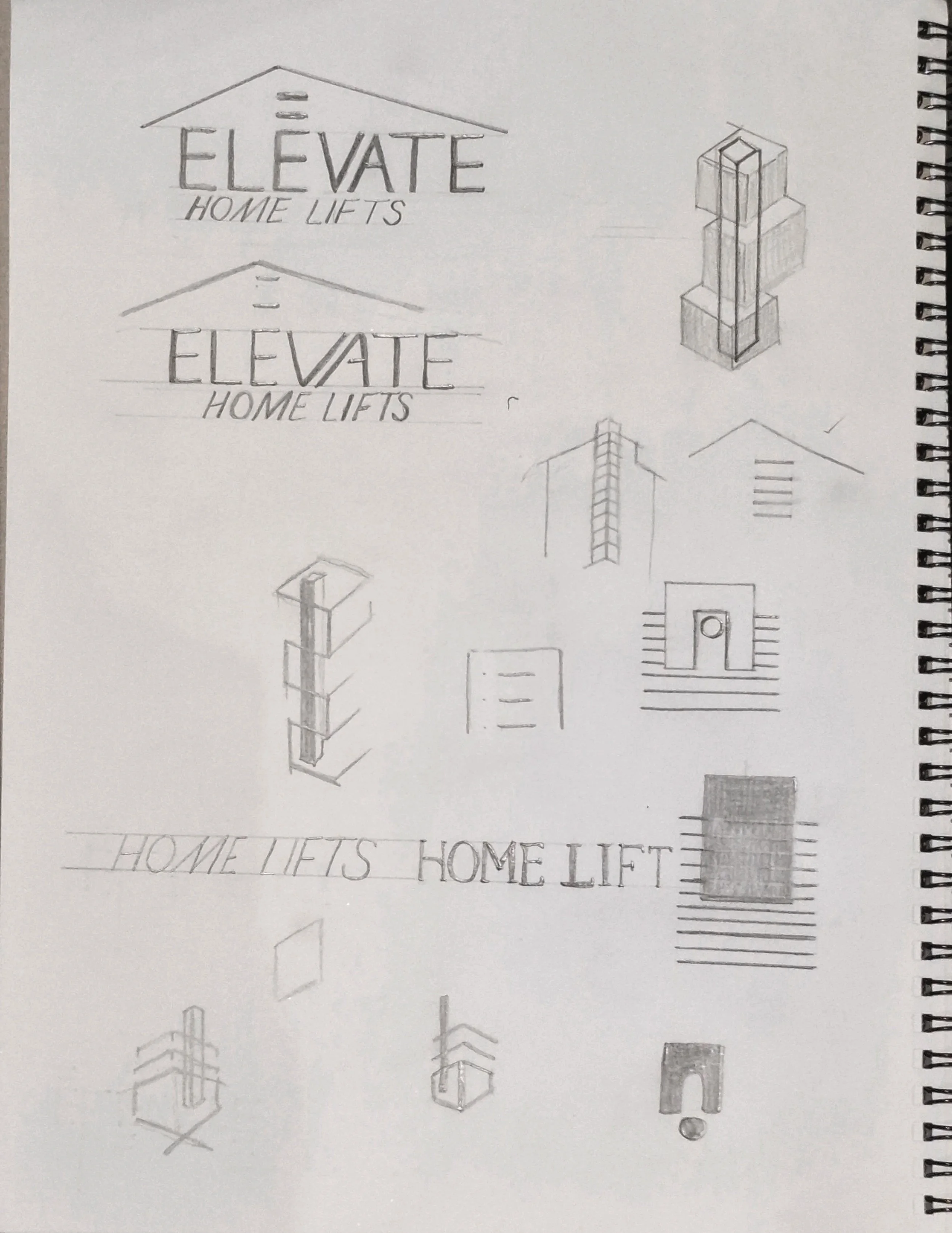 Brand identity development for Elevate Home Lifts Melbourne, including early logo concepts exploring architectural forms and vertical lift symbolism.