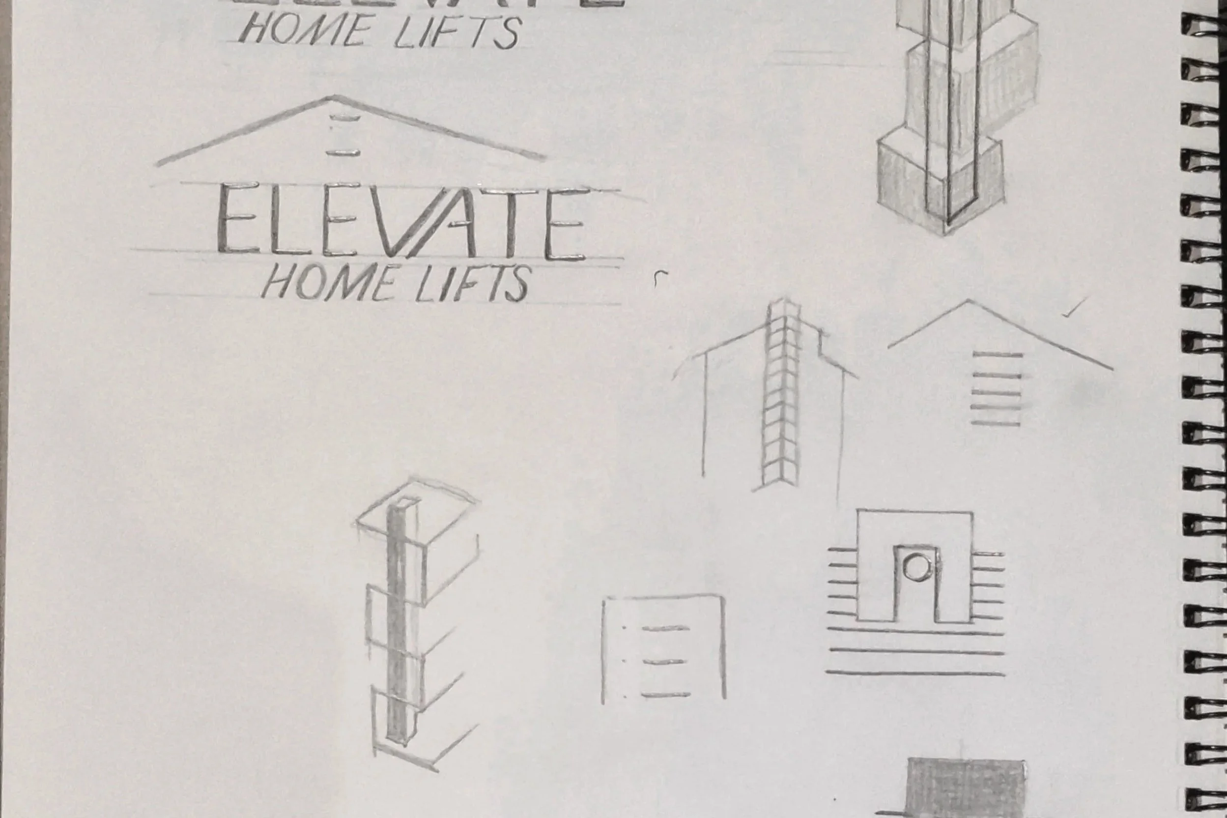 Concept logo sketches for Elevate Home Lifts in Melbourne, showing geometric building block forms with an elevator shaft running through the centre.