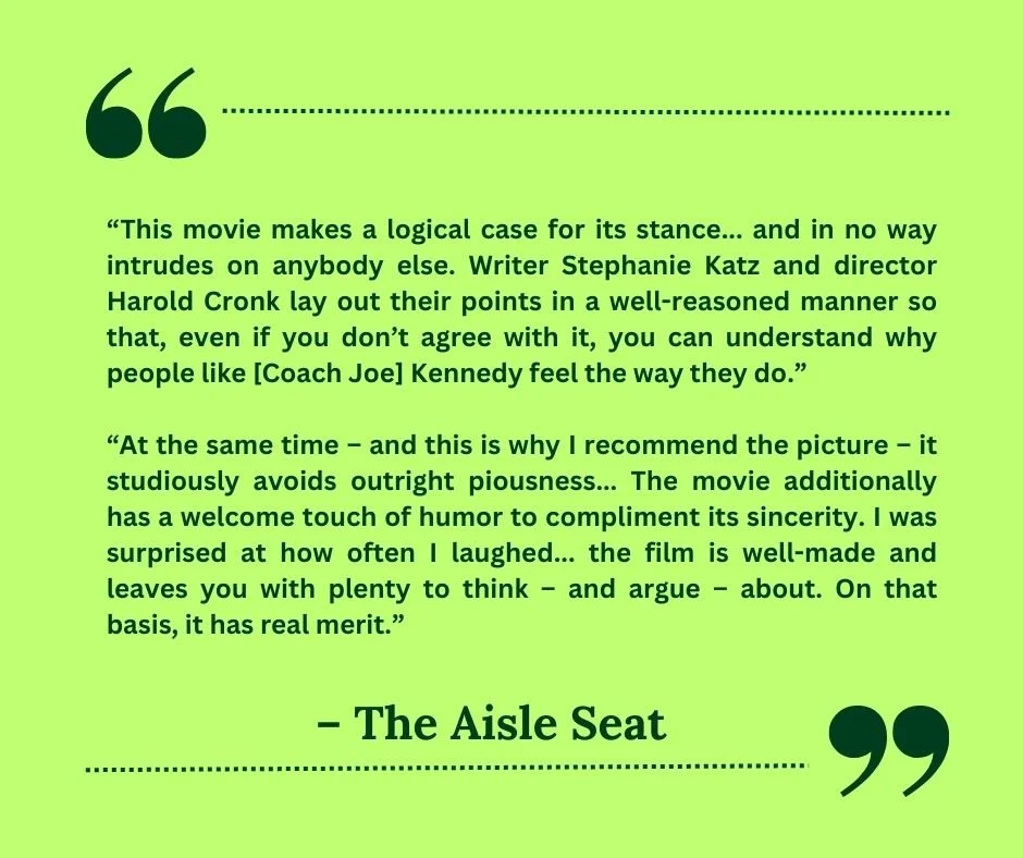 A positive review of the movie 'The Aisle Seat' with quotes praising its logic, humor, and well-made aspects, on a bright green background.